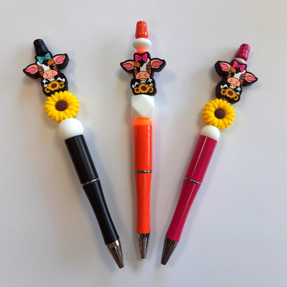 Set Of 3 Sunflower Cow Beadable Pens